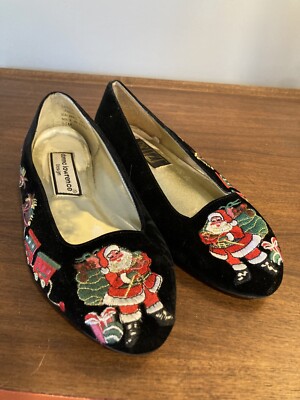 Vtg Pritzi Black Velvet Womens Embroidered Santa Christmas train Flats Sz 5.5