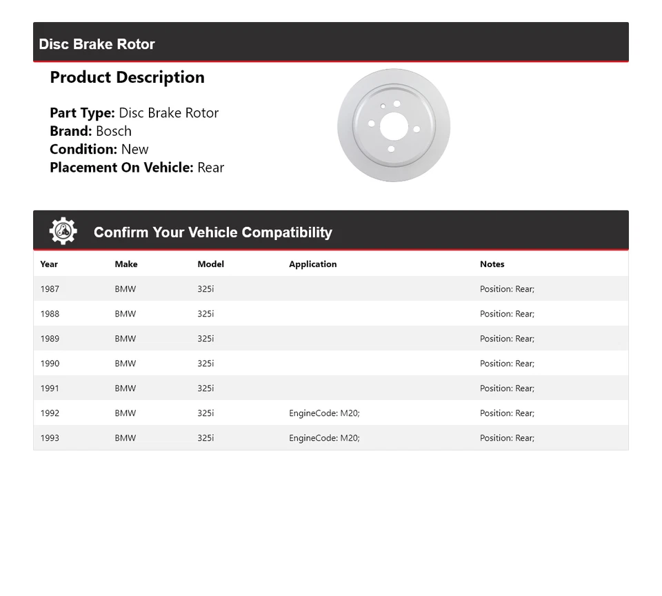 Задний тихий литой дисковый тормоз ротор для 1987-1993 BMW 325i Bosch 1988 1989 1990 1991 - Изображение 2 из 4