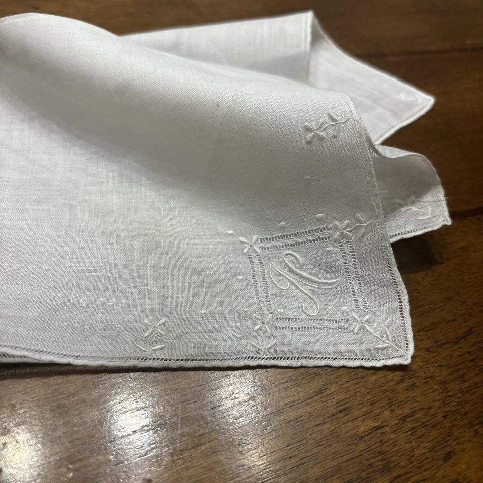 Vintage White Handkerchief Embroidered N Monogram Floral Accents - Image 4 of 4