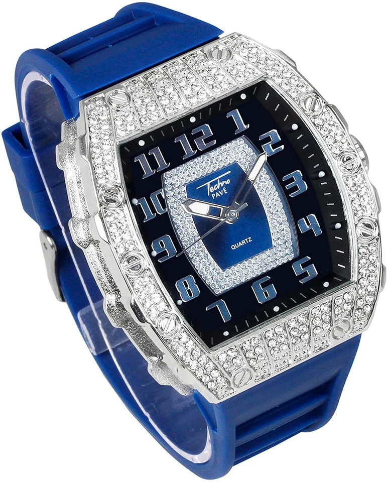 Reloj Hombre Helado Bling Rapero Simular Laboratorio Diamante Goma Lujo Rectángulo Plateado Foto 4 de 4