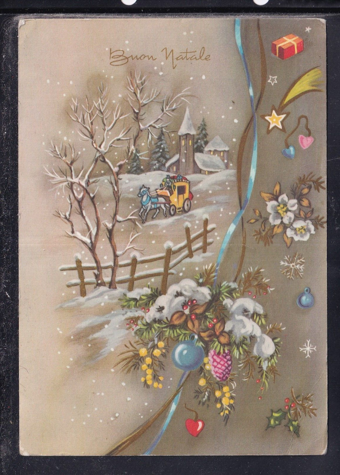 Cartolina Buon Natale Paesaggio Carrozza Neve Z1383