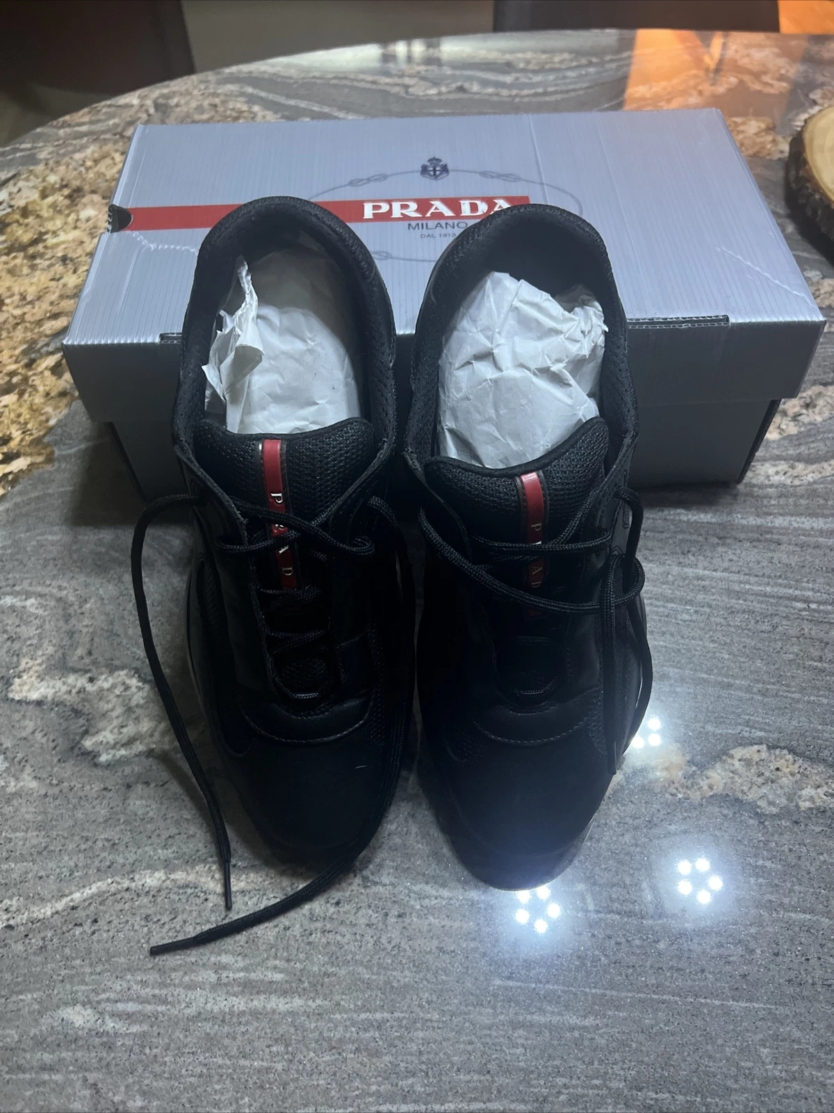 SNEAKERS PRADA AMERICAS CUP UOMO US 10 10.5 EU37 PELLE NERA ETICHETTA ROSSA AUHENTIC
