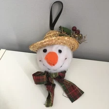 Gardener Farmer Snowman Head Crafted Christmas Ornament Straw Hat Holly Bells