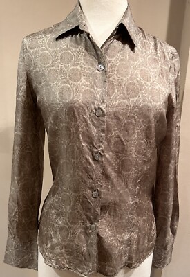 ZANELLA Platinum 8 100% Taupe Tone on Tone Print Silk Blouse Shirt Italy# 6830