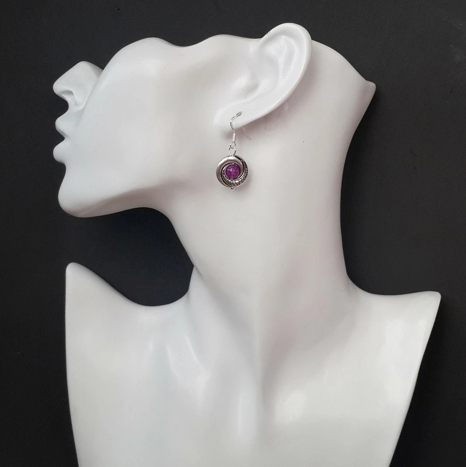 Pendientes de plata tibetana piedra ágata venas de dragón púrpura gancho de plata de ley 925 Foto 4 de 4