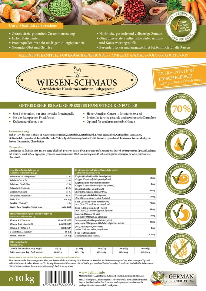 (€5.00 per kg) Dog Food Chicken - Grain Free Cold Pressed (10 kg) - Image 2 of 4