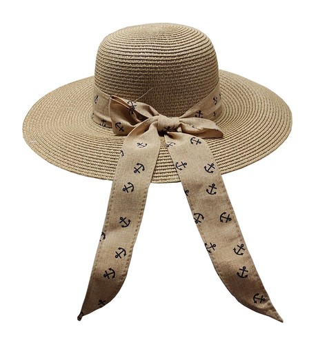CAPPELLO DI PAGLIA DA SOLE MARE PER DONNA CON FIOCCO CON DISEGNO ANCORA |  eBay