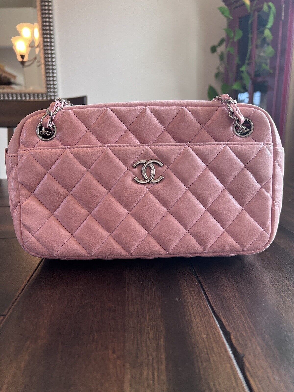 Pink Chanel Lambskin Quilted Silver CC Logo Camera Case Bag