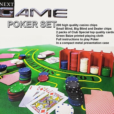   Komplettes Pokerset - 200 Chips, 2 Decks, grünes Spieltuch, Metallkoffer!  