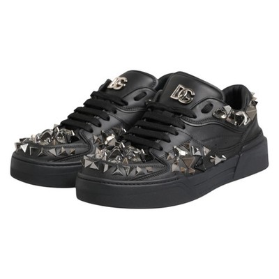 DOLCE & GABBANA Shoes Black Leather Studded Low Top Sneakers EU41