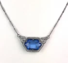 Vintage Victorian Style Blue Glass Necklace Silver Tone Art Deco Costume Jewelry