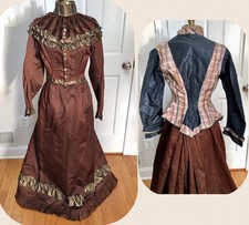 Antique Victorian 1870s 3Pc SILK SATIN WALKING DRESS Velvet Trim PRINCESS JACKET