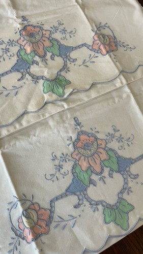Vintage Pair  Madeira Pastel Floral Embroidered Standard Pillowcases Scalloped