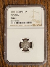 1911 Great Britiain Sterling Silver Maundy Twopence, NGC MS62 Toned. First Year.