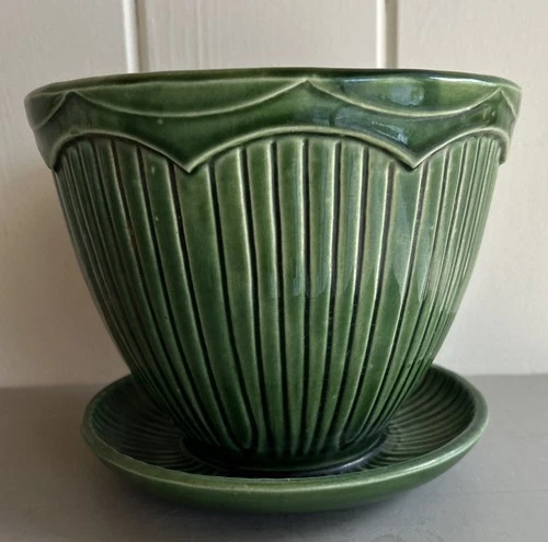 1970’s McCoy USA Pottery #636 Large 6” X 7.25” Green Pot & Saucer Planter