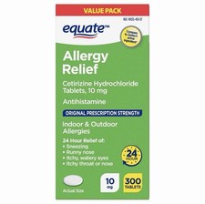Equate 24 Hour Allergy, Cetirizine Hydrochloride Tablets, 10 mg, 300 Count