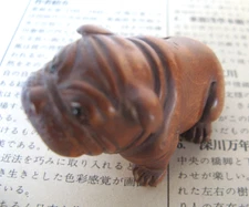 🐸VTG Netsuke BULL DOG Glass Eyes Himotoshi - Holes Signed