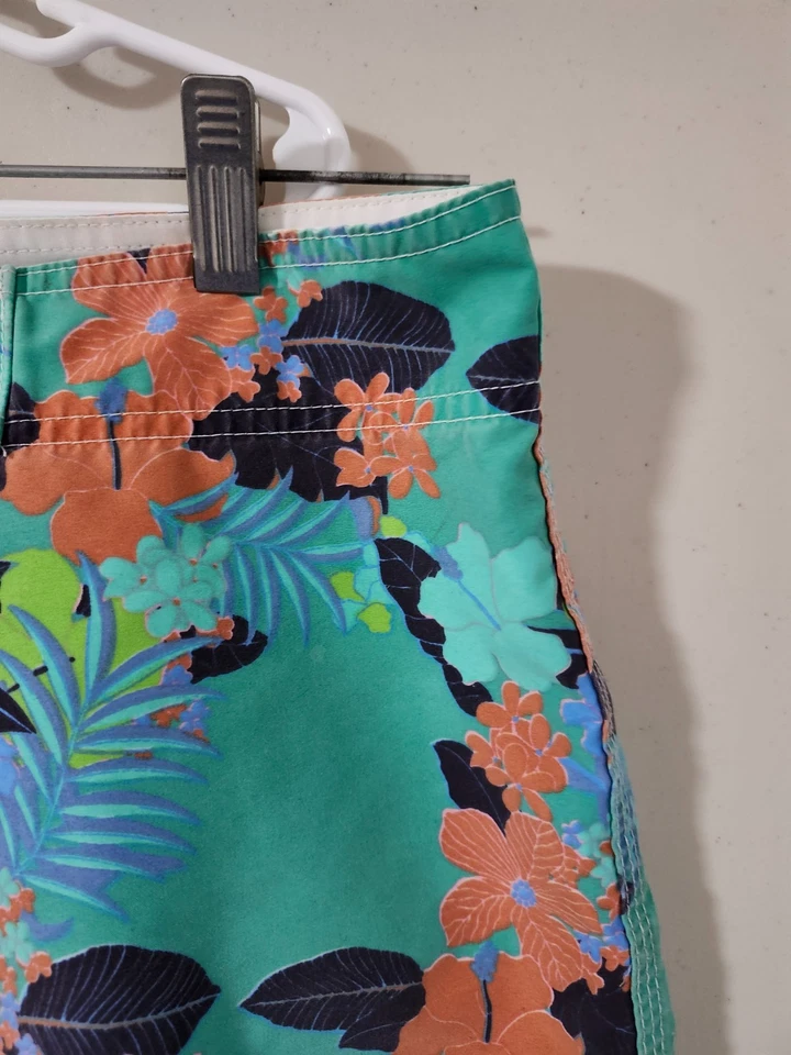 AMBSN Shorts Mens 30 Teal Board Surf Beach Pullon Drawstring Floral Hawaiian 8" - Image 4 of 4