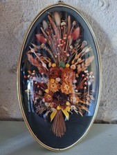 ANCIEN CADRE OVAL VERRE BOMBÉ, FLEURS SÉCHÉES NATURELLES, CADRE MÉTAL DORÉ 