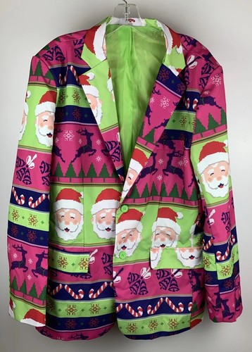 Ugly Christmas Blazer Sport Coat Jacket Santa Reindeer Pink Size Large Mens Suit