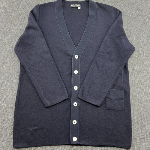 Salvatore Ferragamo, Vintage Salvatore Ferragamo Mens Wool Cardigan XL Blue Made in Italy Navy Knit