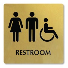 SmartSign 9x9" Brass Unisex Restroom Sign, Men/Women/Accessible, Engraved