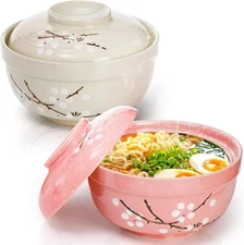 2 Pack Ceramic Ramen Noodle Bowl,27 OZ Big Ramen Bowl with Lid,Japanese Hand-P..