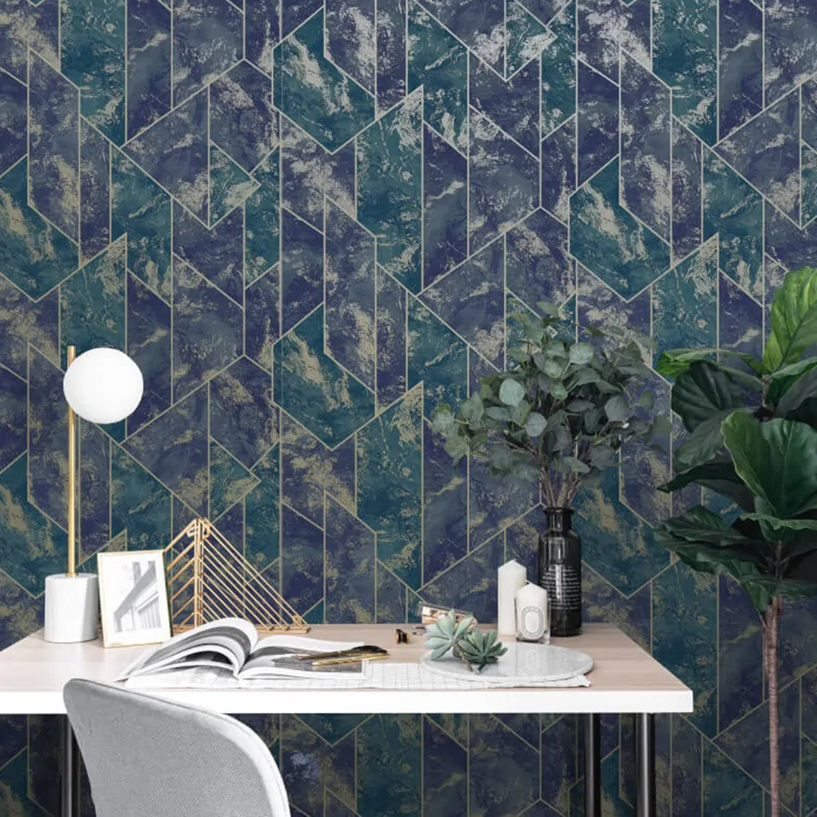 Navy Gold Marble Wallpaper Metallic Geometric Pattern Feature Wall Living Room