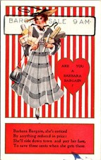 Postcard Barbara Bargain Sale Woman Buys Everything Dress Hat Purse Humor D179