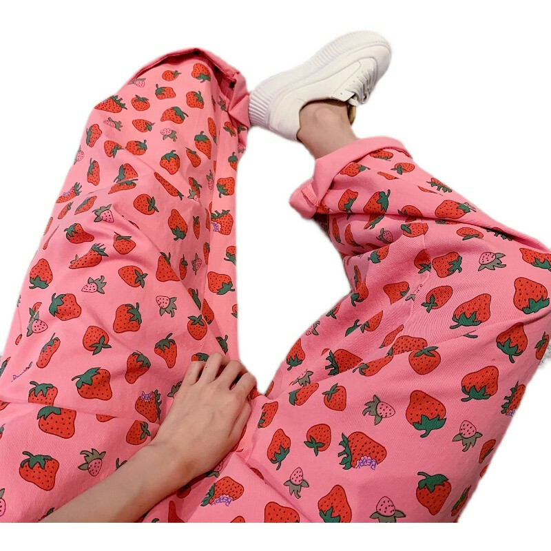 Women sweet wide leg pants strawberry print casual trousers
