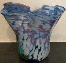 Unique Hand Blown Multi-Colored Ruffled Edge Signed Vase