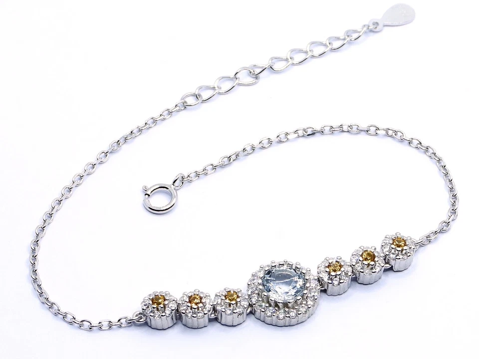 Aquamarin Gelber Saphir Armband 925 Sterling-Silber Edelsteine 17 + 3 cm Damen - Bild 2 von 4