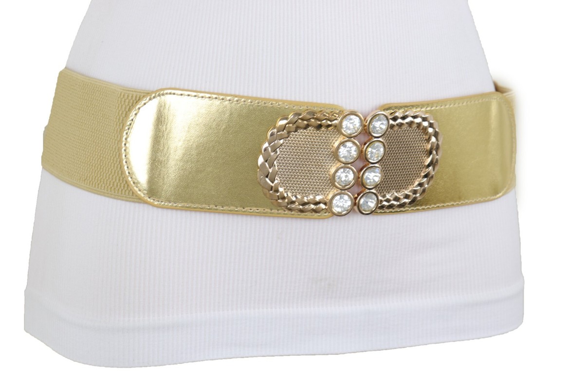 Adjustable Faux Leather Belt with Gold Buckle for Women Women Gold Faux Patent Leather Elastic Belt Metal Buckle  main image 3