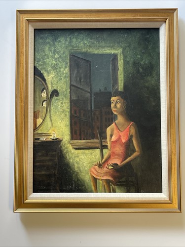 ANTIQUE PAINTING URBAN AMERICAN PORTRAIT WOMAN RGIONALISM WPA ERA CITY MYSTERY - Picture 17 of 24