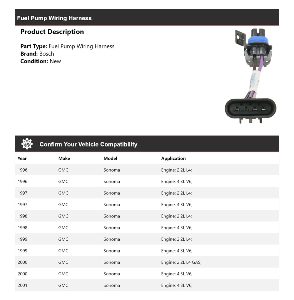 Жгут проводов топливного насоса для 1996-2001 GMC Sonoma Bosch 1997 1998 1999 2000 - Изображение 2 из 4