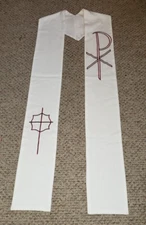 CLERGY STOLE OFFICIANT VESTMENT HAND MADE WHITE/W PURPLE CHI RHO EMBROIDERY