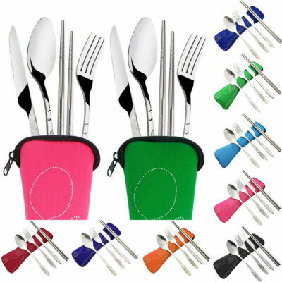4 Stück Besteck Reise Gabel Tragbar Tasche Edelstahl Löffel Essstäbchen Set