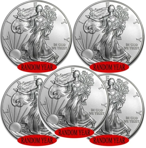 Lot of 5 - American Silver Eagle $1 Coin 1 oz .999 Fine Silver Random Year BU