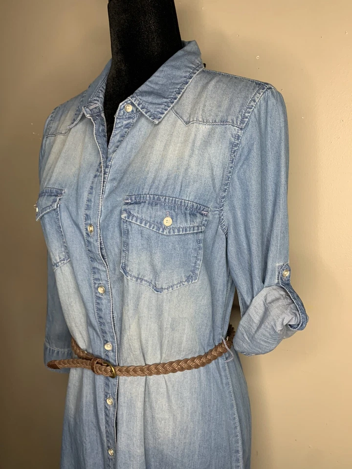 NUEVO CON ETIQUETAS Vestido Camisa Jean Denim Azul Claro Manga Trapo Americano Utilitario Para Mujer M Foto 4 de 4