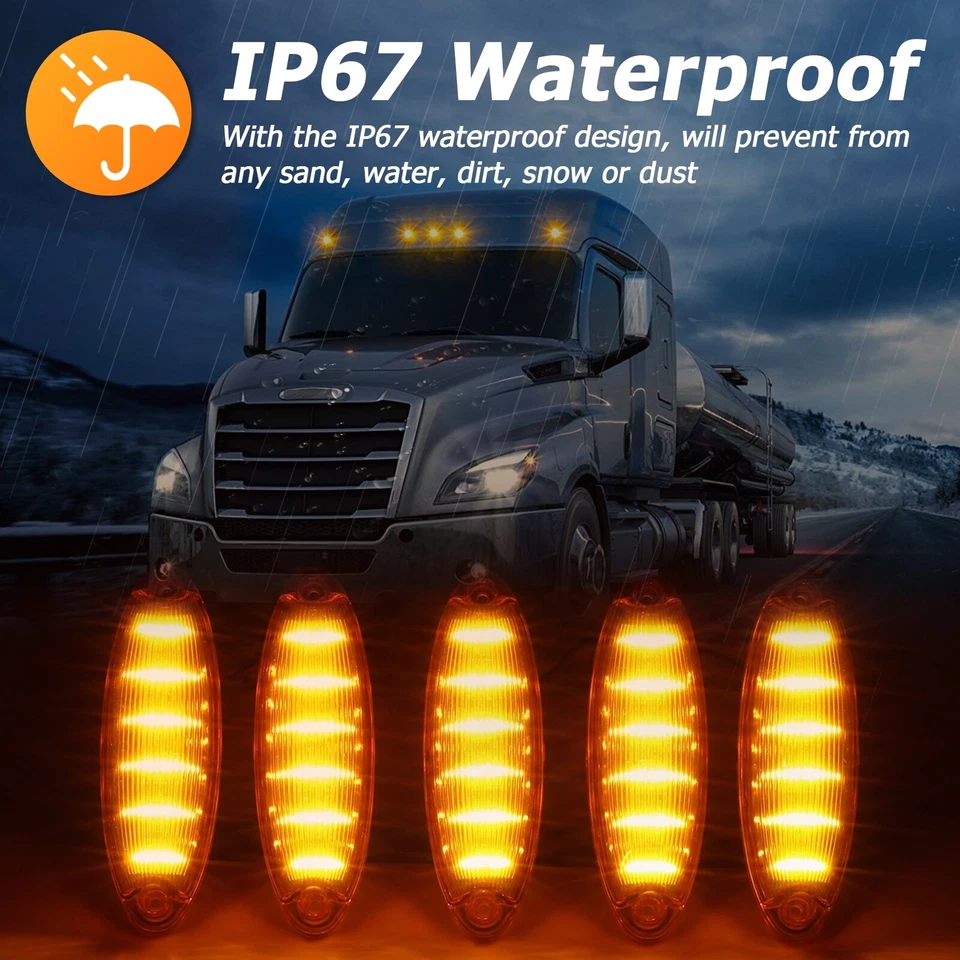 5 желтых светодиодных габаритных огней для кабины крыши с желтыми линзами для Volvo VNX VAH VNL - Изображение 4 из 4