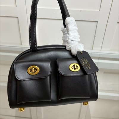 COACH Twin Turnlock Bag 20 Black Leather Shoulder Bag Top Handle