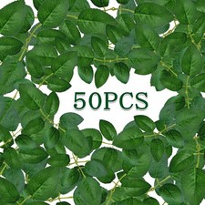 50 pcs Artificial Green Leaves Bulk Silk Greenery Fake Rose Flower Leaves for...