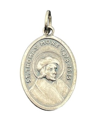 Catholic Saint Thomas More religious silver tone oval pendant for necklace 