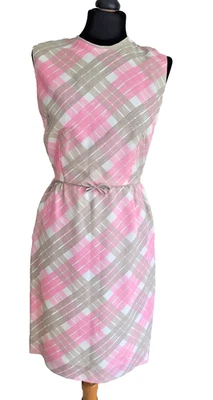 Mini robe à carreaux années 60 mod gogo festival XS UK 8 rose beige vintage sans manches - Photo 1/4