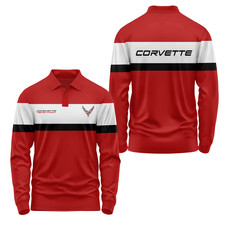 Custom Name Men's Corvette C8 Logo Racing White Red Polo Long Sleeve Shirt S-5XL