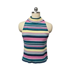 Maeve Shirt Womens Small Multicolor Striped Halter Mock Neck Sleeveless Knit Top