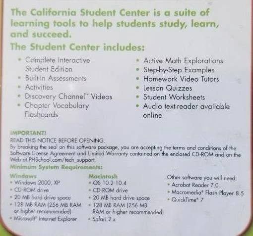 Prentice Hall Student Center Mathematics CALIFORNIA ALGEBRA 1 (2009 CD-ROM) Math - Image 4 of 4