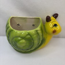 Vintage Mid Century Snail Ceramic Pottery Green Yellow Sitting Hanging Planter