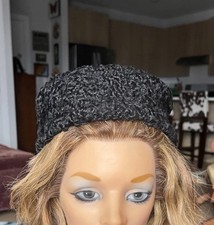 Vintage 1960s MCM Black Curly Lambswool Pillbox Hat Size 22