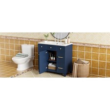 36-inch Blue Bathroom Vanity with Ceramic Sink, Solid Wood Frame, Soft Close